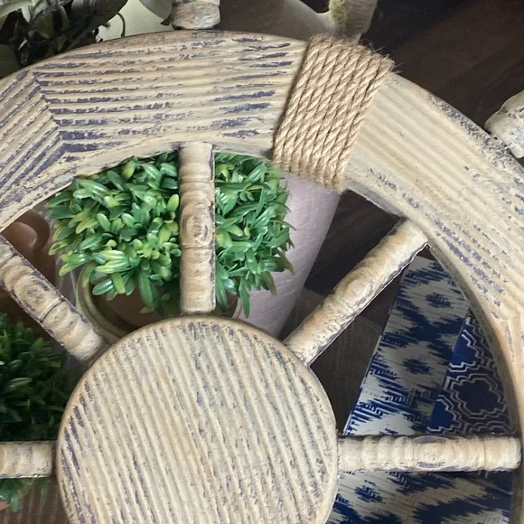 NEW!  Rustic Wood & Jute Accented Captain Ship Boat Wheel Coastal Beach Decor - Picture 4 of 8